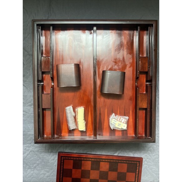 The BOMBAY Company Deluxe Game Checkers Backgammon Chess Wooden Box Set 16x16x7 - Picture 7 of 11